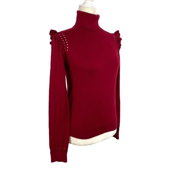 KATE SPADE New York Burgundy Ruffle Trim Cotton Cashmere Turtleneck Sweater XS - Picture 14 of 14